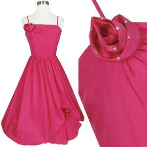 Vintage 80s 50s Pink Balloon Bubble Skirt Rosette Full Skirt Prom Party Dress S
